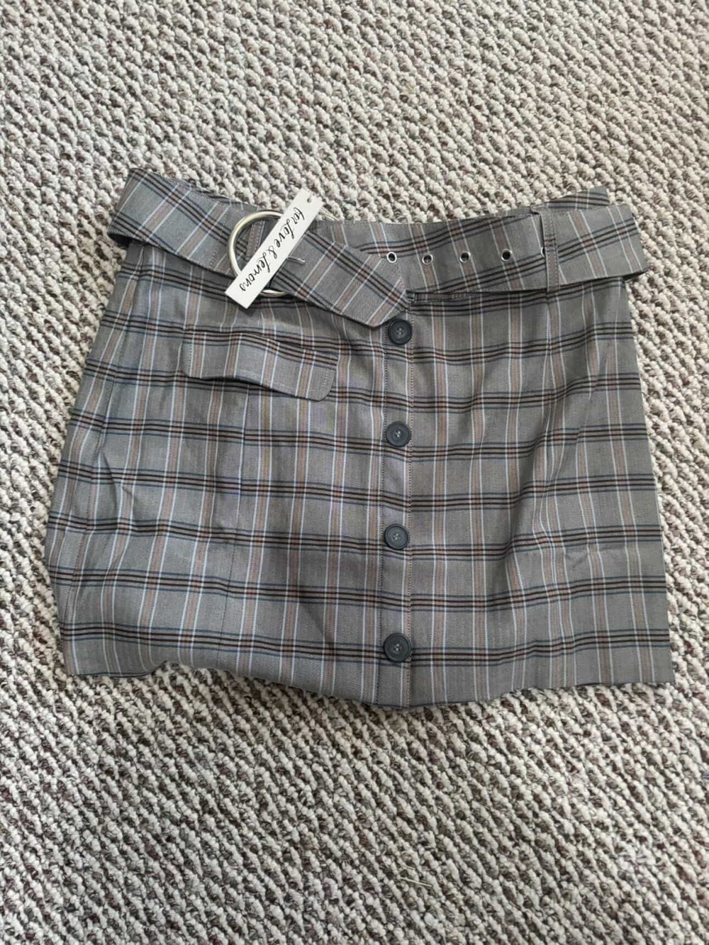For Love And Lemons Gray Plaid Button-Front Mini Skirt with Belt